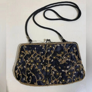 Lancôme Womens Beaded Vintage Unused Bag Black Gold Excellent Condition